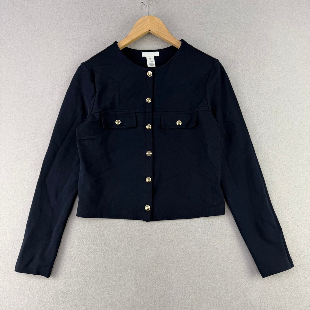 H&M Ponte Cardigan Women S Blue Cropped Gold Button Preppy Old Money Career